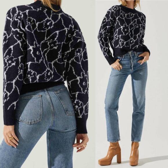 ASTR the Label Saira Floral Fuzzy Wool Blend Sweater Navy Academia Fall sz L NWT - Picture 11 of 11